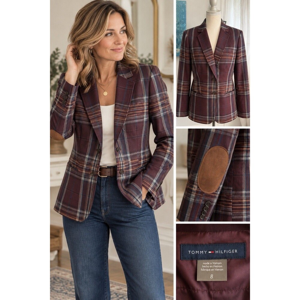 Tommy Hilfiger Womens 8 Burgundy Plaid Blazer Suede Elbow Patch Preppy Academia